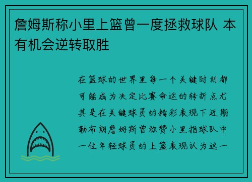 詹姆斯称小里上篮曾一度拯救球队 本有机会逆转取胜 詹姆斯称小里上篮曾一度拯救球队 本有机会逆转取胜